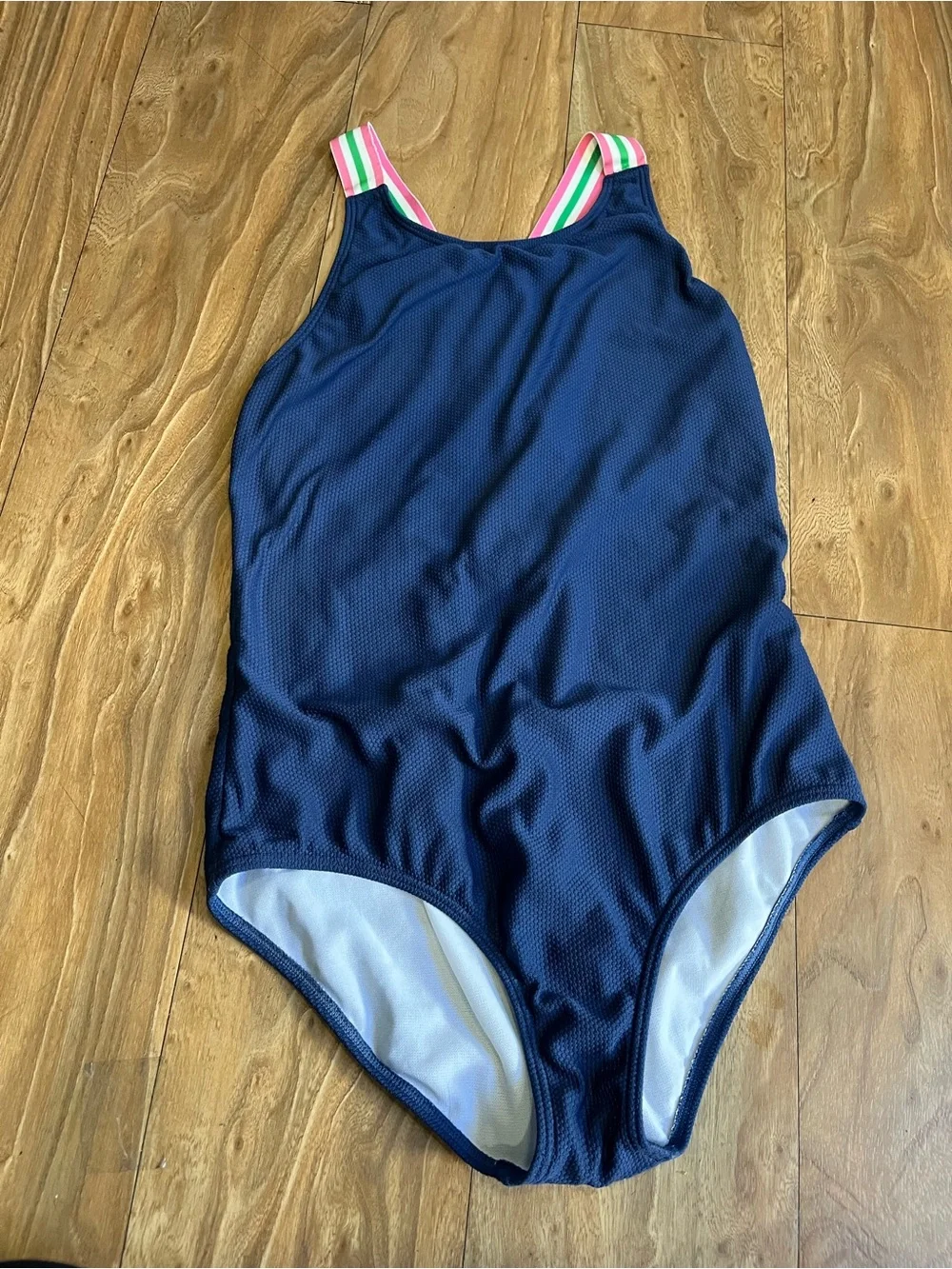 Boden Navy One-Piece with Pink, Green & White Striped Straps